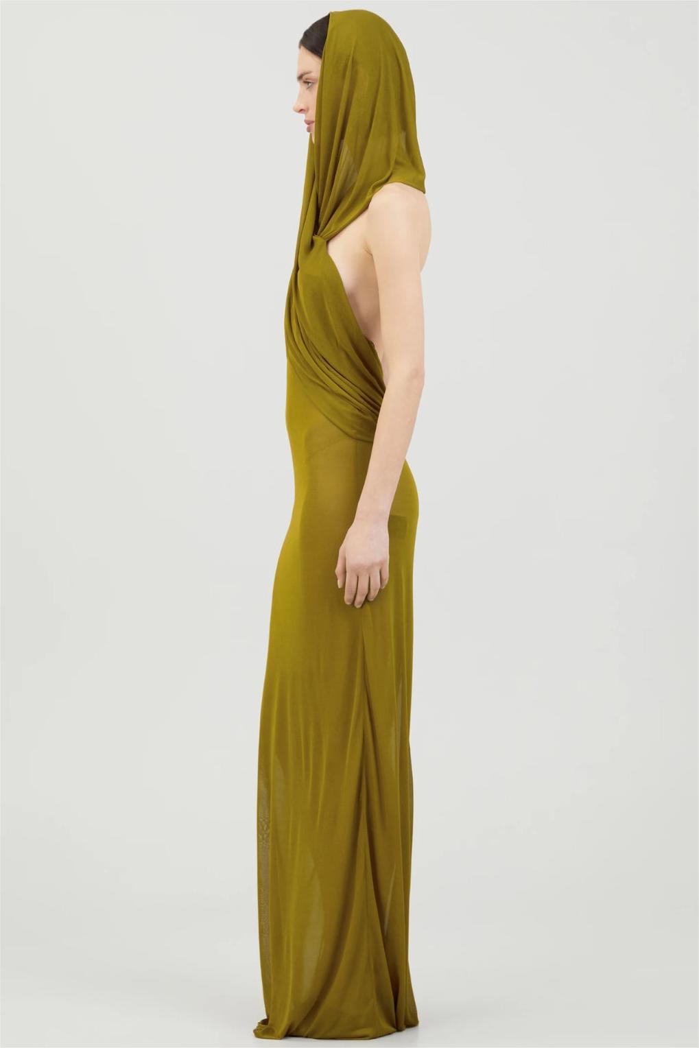 Solid Mesh Sleeveless With Draped Hood Maxi Dress