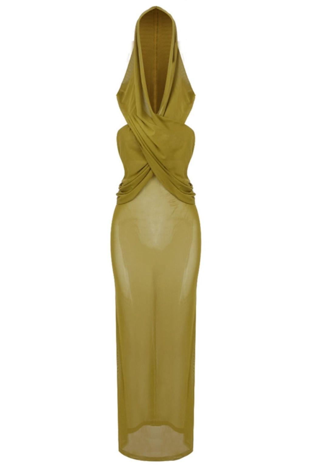 Solid Mesh Sleeveless With Draped Hood Maxi Dress