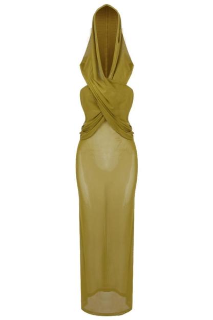 Solid Mesh Sleeveless With Draped Hood Maxi Dress