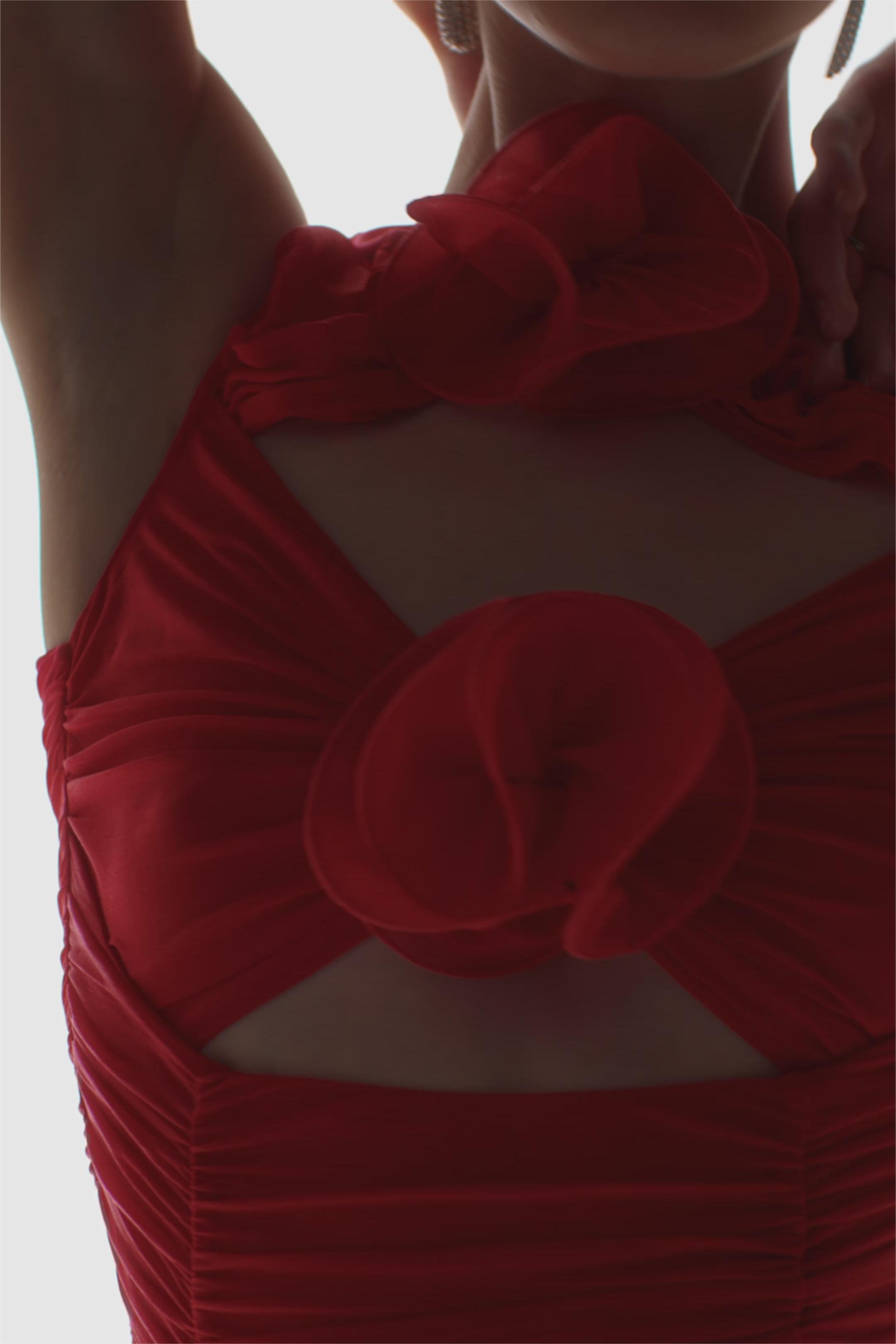 3D Flower Mesh Ruched Cut-Out Mini Dress