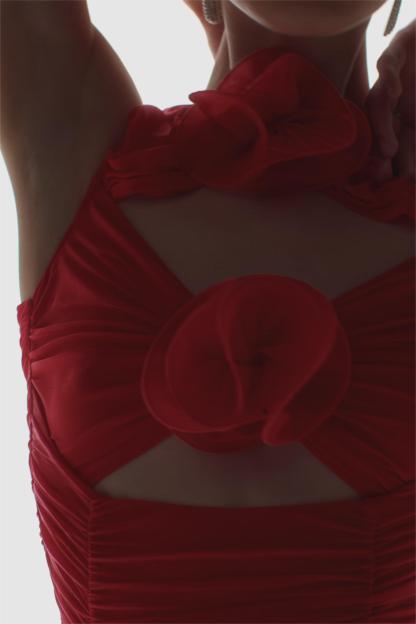 3D Flower Mesh Ruched Cut-Out Mini Dress