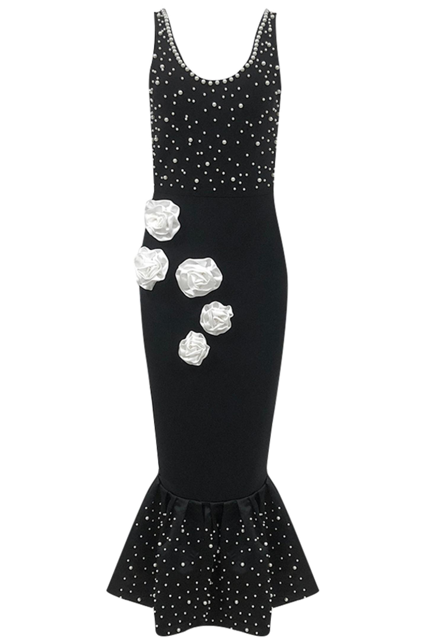 3D Flower Bandage Faux Pearl Rivet Midi Dress