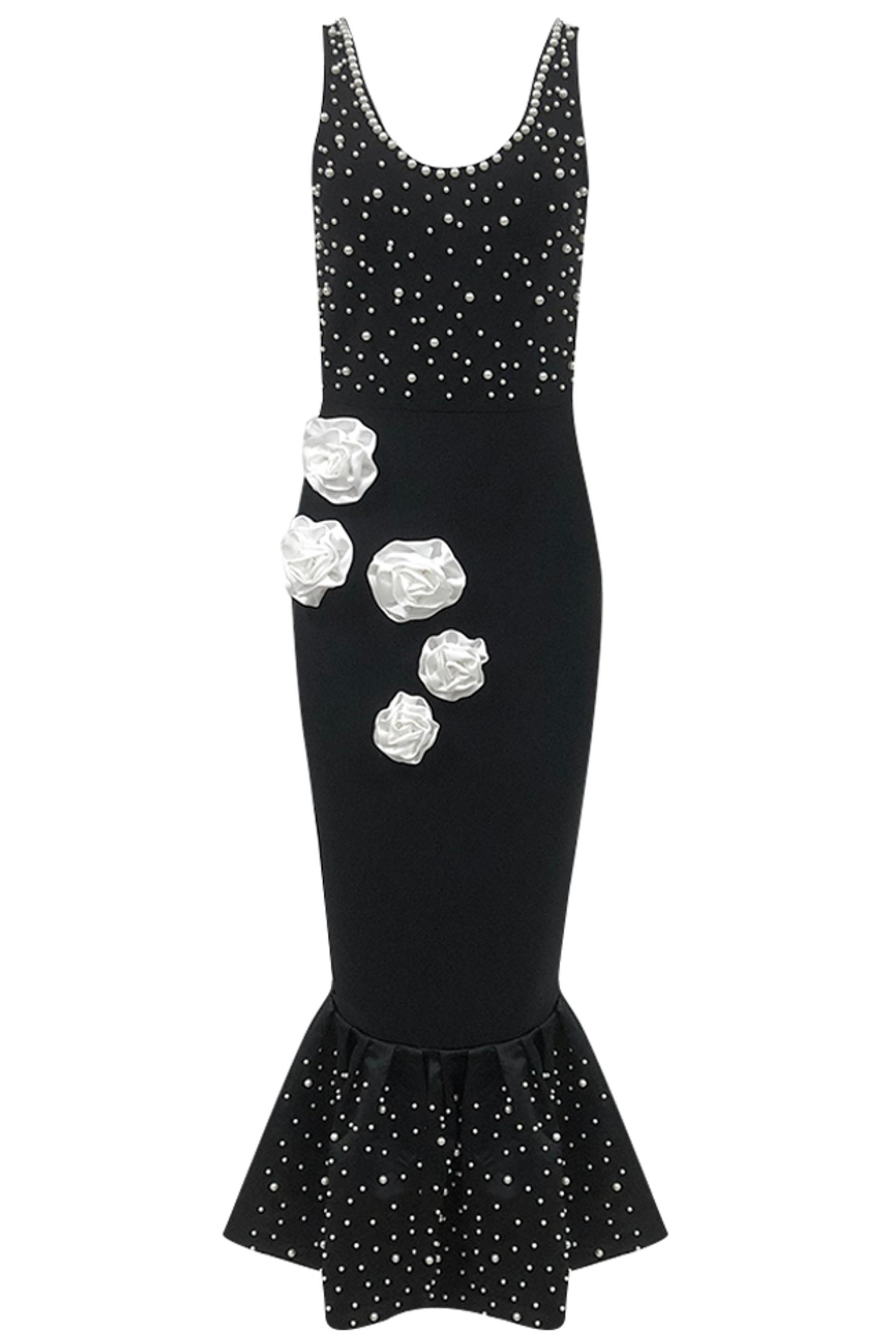 3D Flower Bandage Faux Pearl Rivet Midi Dress