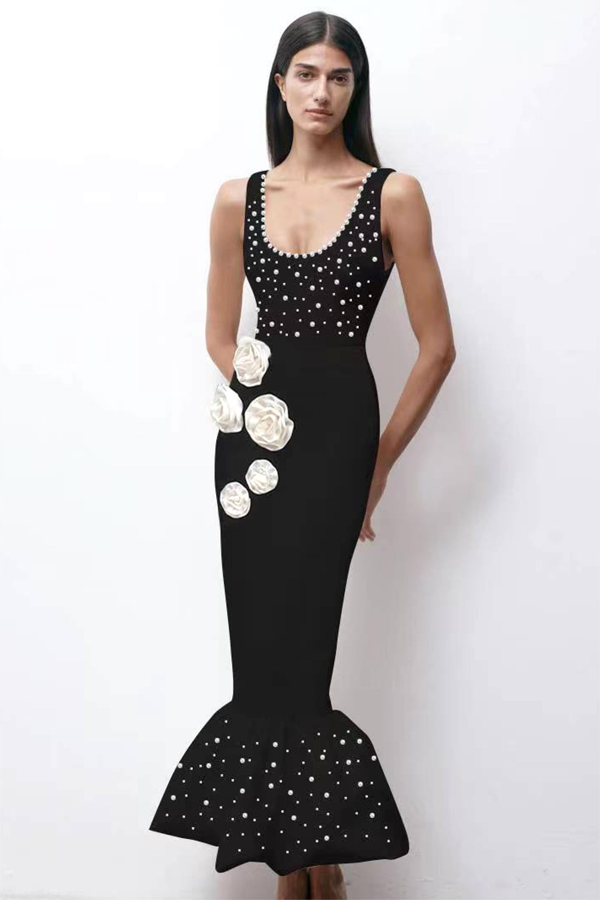 3D Flower Bandage Faux Pearl Rivet Midi Dress