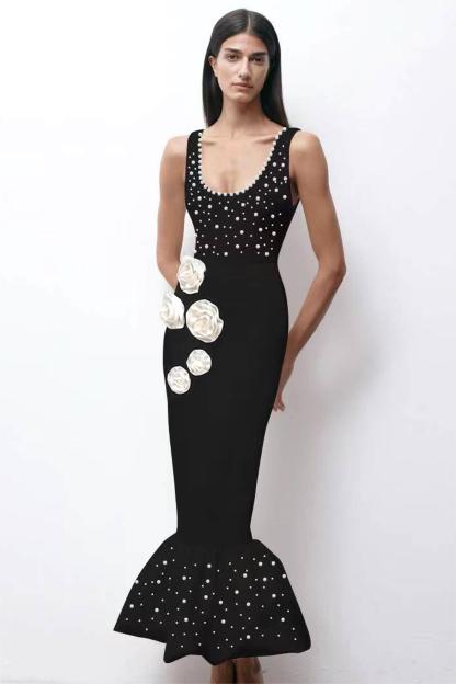 3D Flower Bandage Faux Pearl Rivet Midi Dress