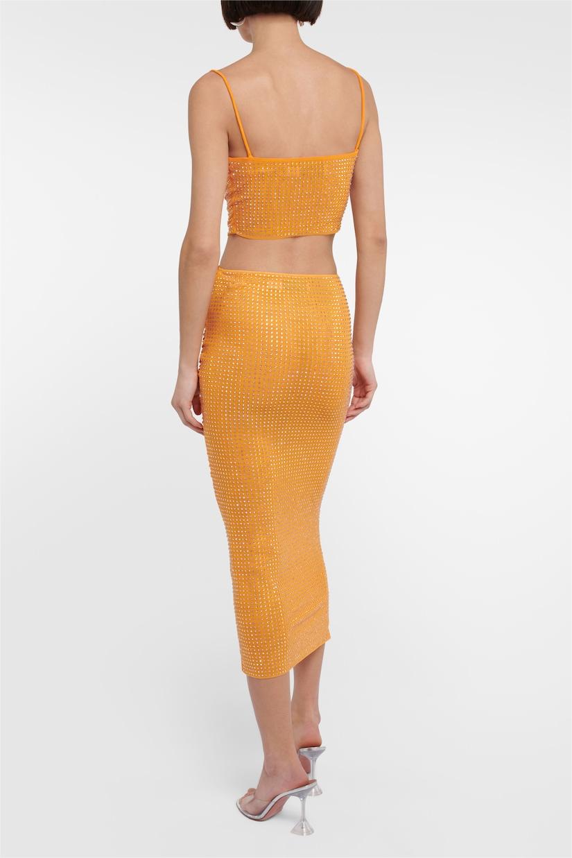 Rhinestone Swing Collar Camis & Hight Waist Ruched Midi Skirt Set