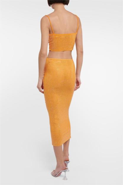 Rhinestone Swing Collar Camis & Hight Waist Ruched Midi Skirt Set