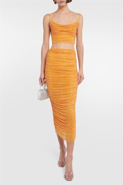 Rhinestone Swing Collar Camis & Hight Waist Ruched Midi Skirt Set