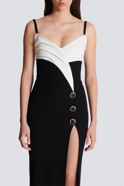 Contrast Color Button High Slit Maxi Dress