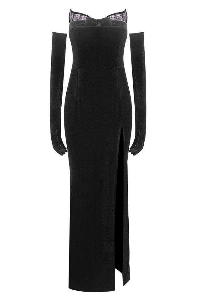 Rhinestone Velvet Maxi Dress With Gloves