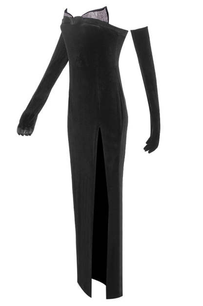 Rhinestone Velvet Maxi Dress With Gloves
