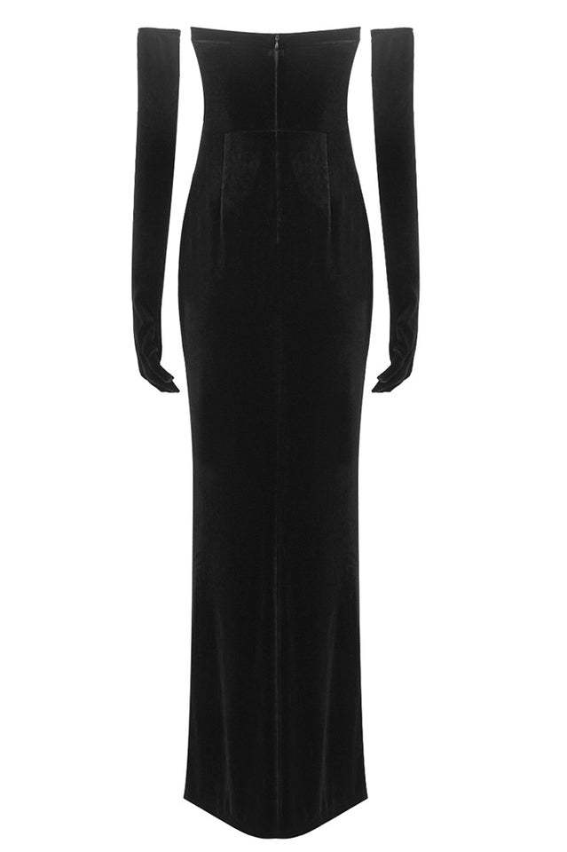 Rhinestone Velvet Maxi Dress With Gloves