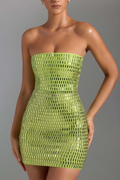 Mesh Rhinestone Strapless Mini Dress
