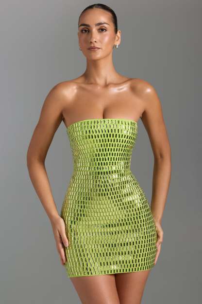 Mesh Rhinestone Strapless Mini Dress