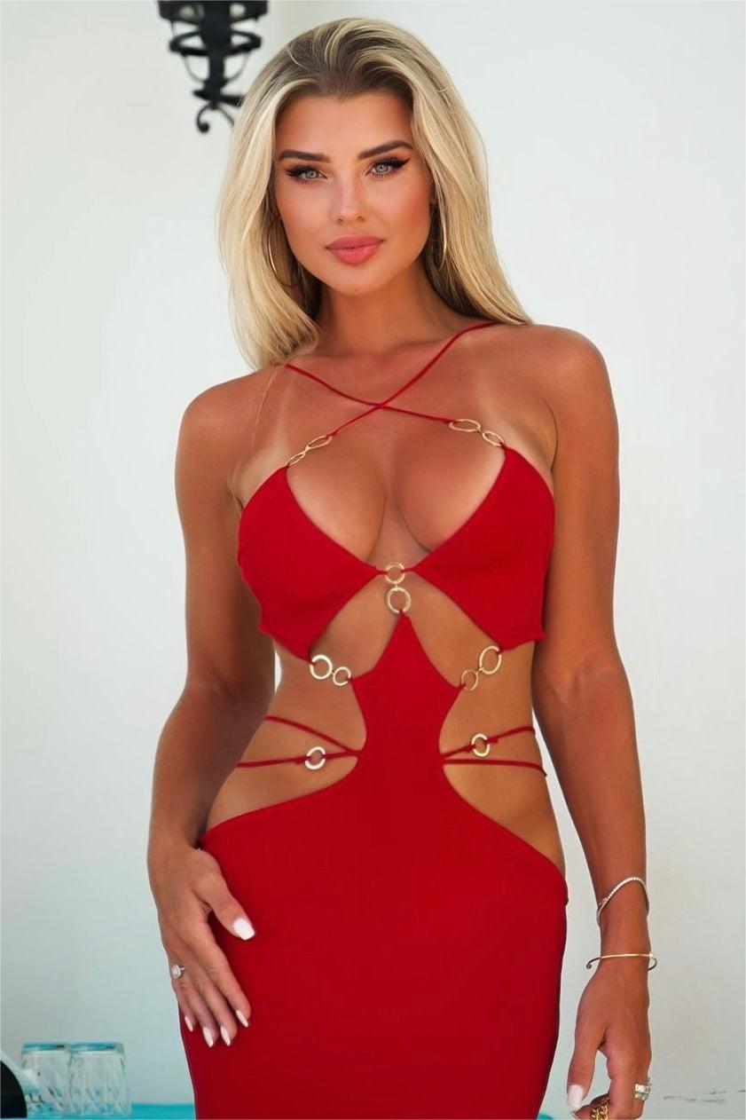 Bandage Metal Ring Embellished Midi Dress