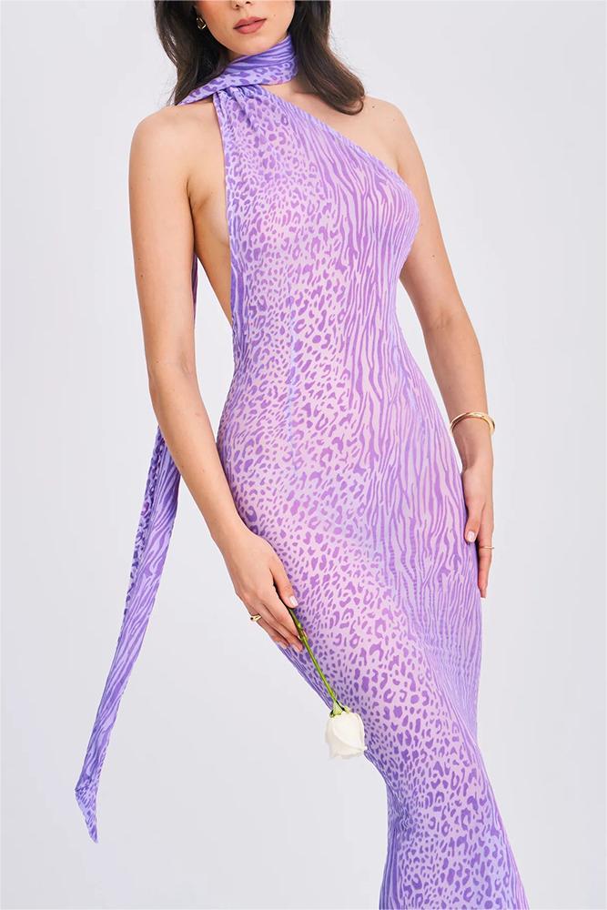 Mesh Leopard Print  Halter Neck Midi Dress