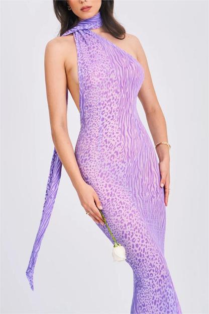 Mesh Leopard Print  Halter Neck Midi Dress