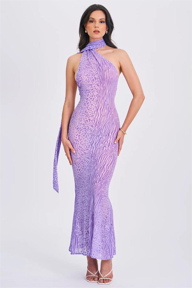 Mesh Leopard Print  Halter Neck Midi Dress