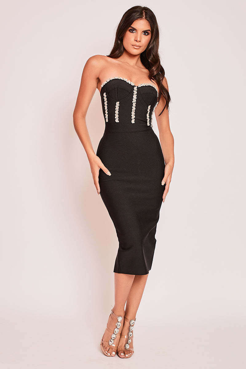 Bandage Rhinestone Strapless Midi Dress