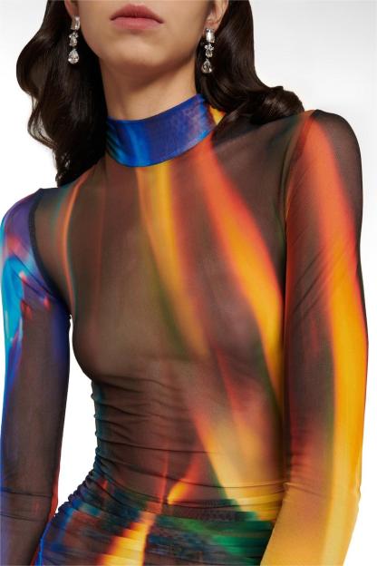 Mesh Tie Dye High Neck Midi Dress