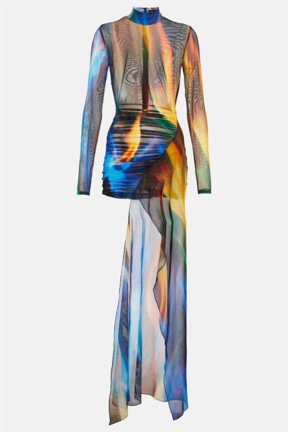 Mesh Tie Dye High Neck Midi Dress