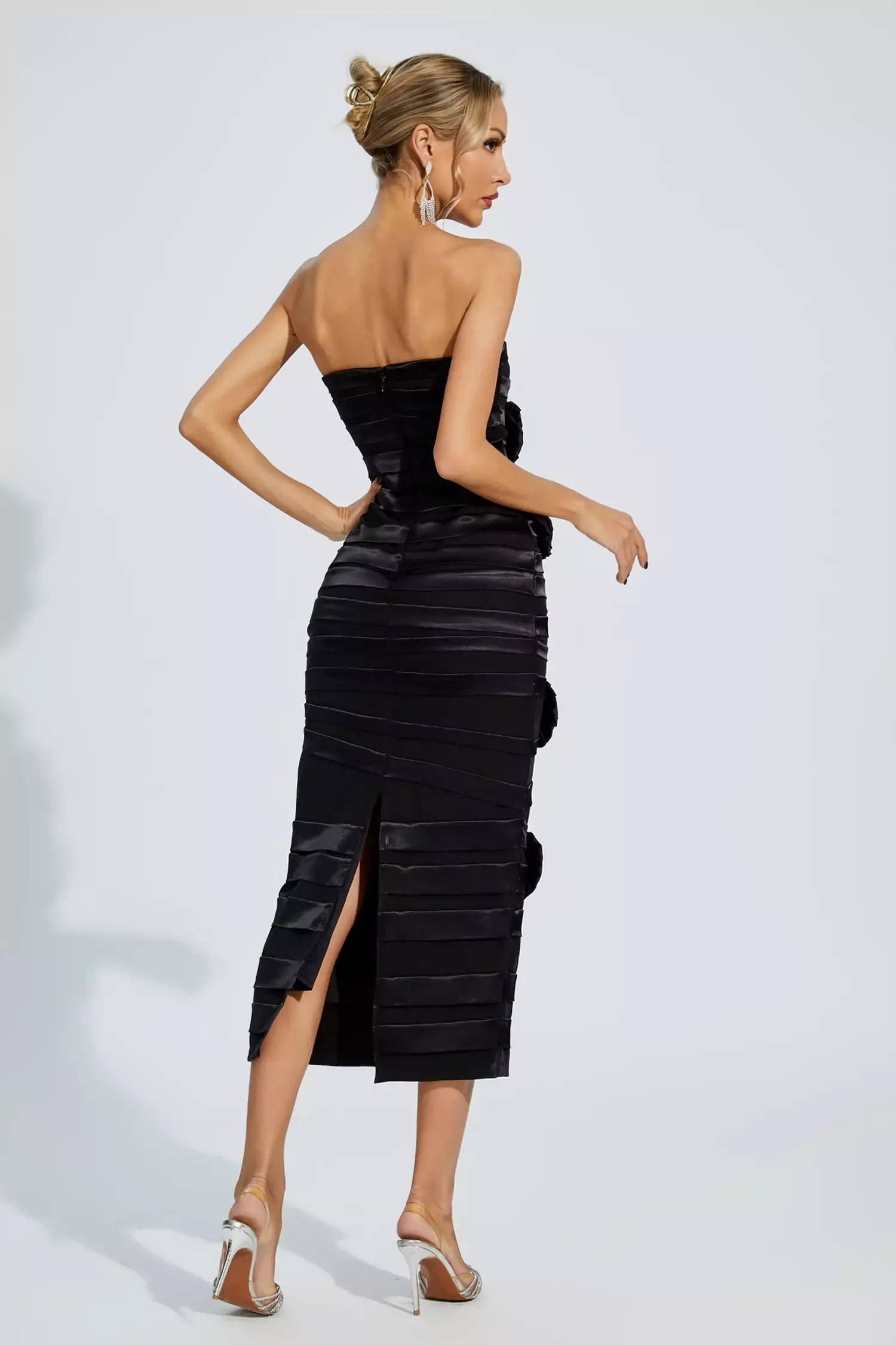 3D Flower Satin Strapless Midi Dress