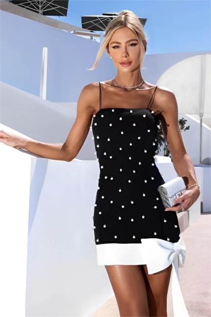Faux Pearl Bow Splicing Mini Dress