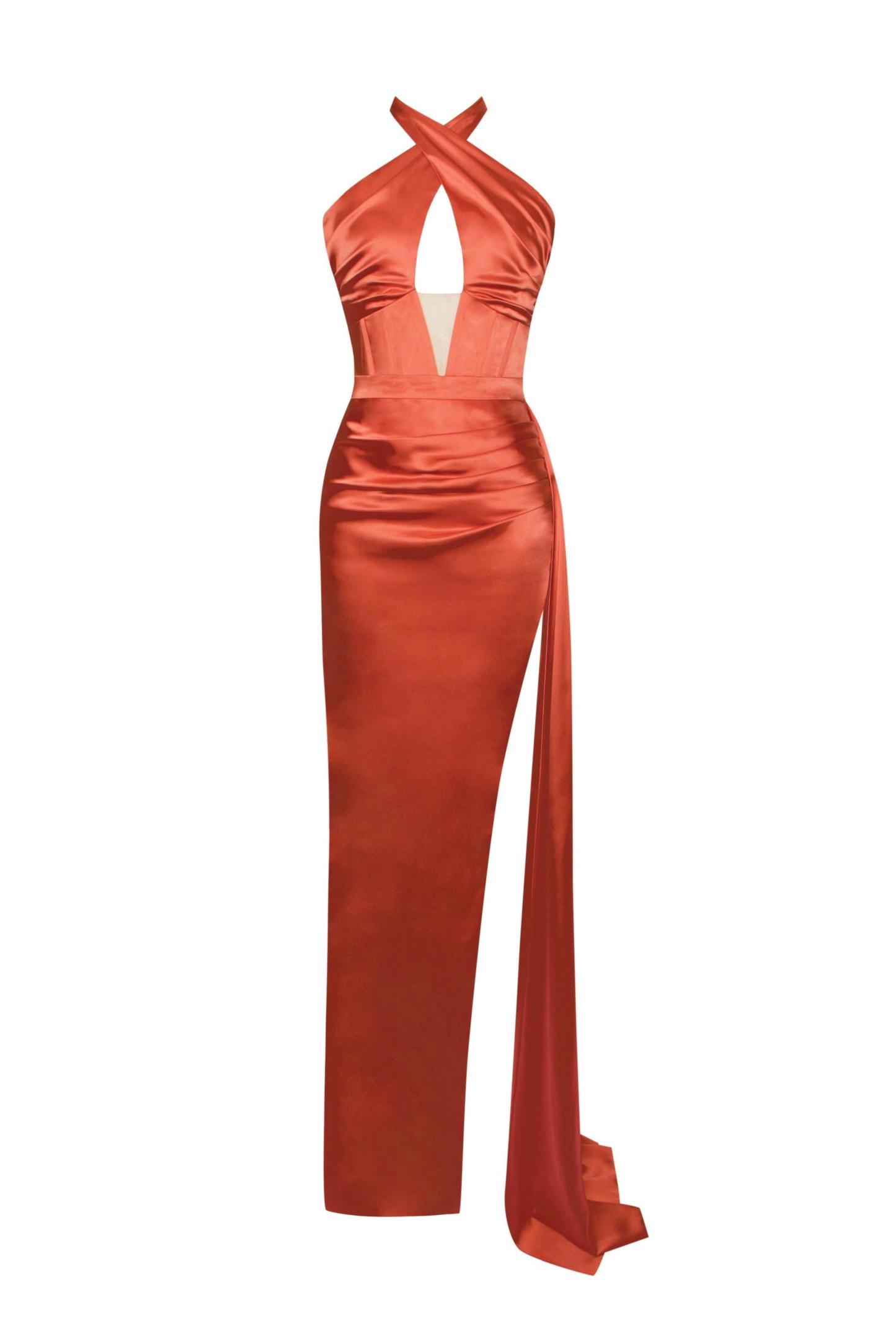 Satin Halter Neck High Slit Maxi Dress