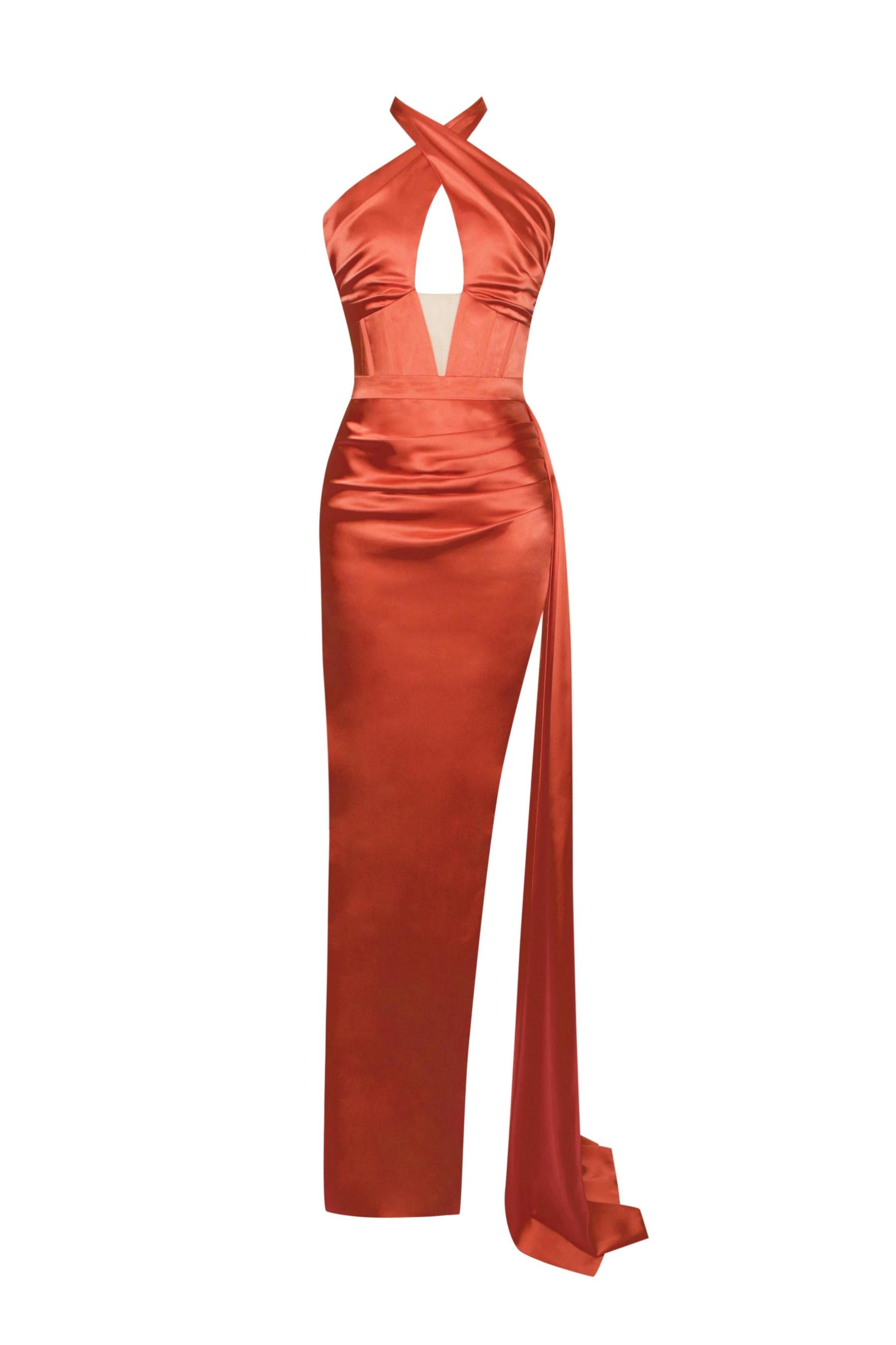 Satin Halter Neck High Slit Maxi Dress