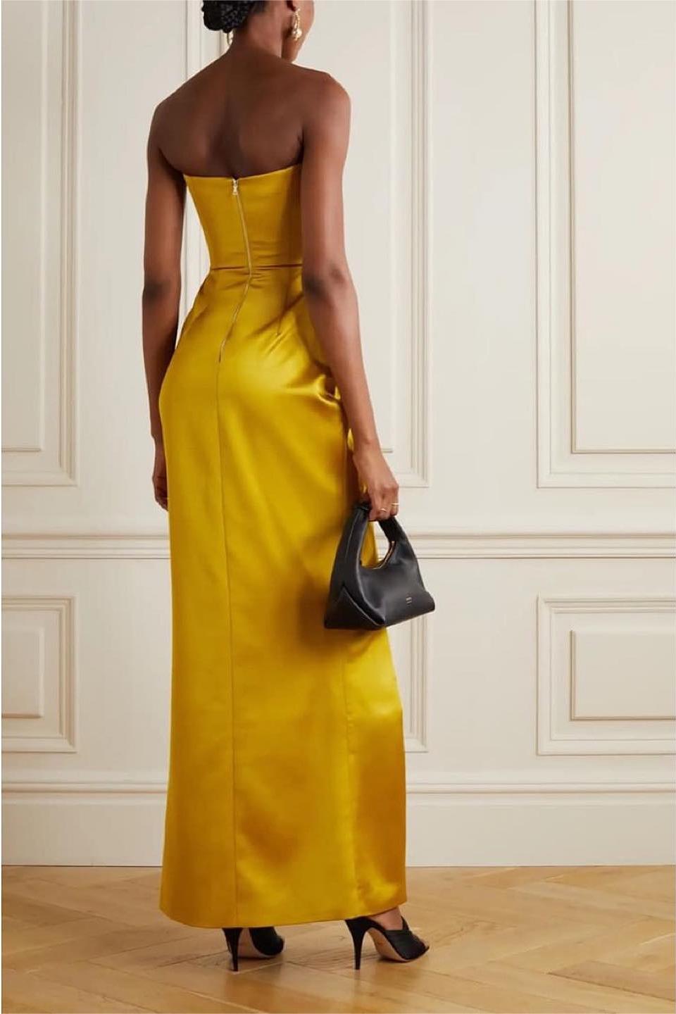 Satin Strapless High Slit Midi Dress