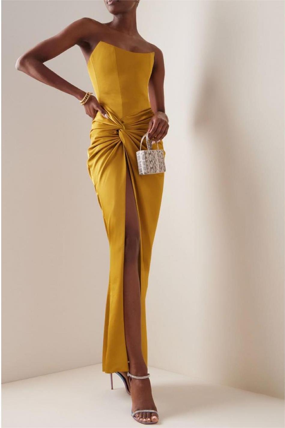 Satin Strapless High Slit Midi Dress