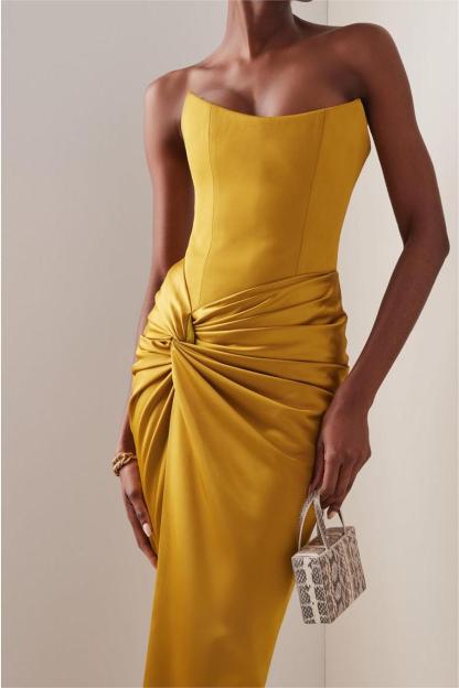Satin Strapless High Slit Midi Dress