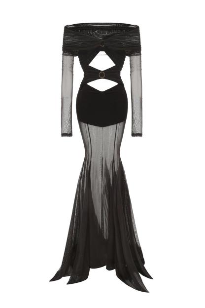 Off Shoulder Cut-Out Maxi Dress With Scarf