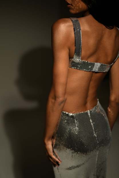 Sequin Square Collar Sleeveless Midi Dress