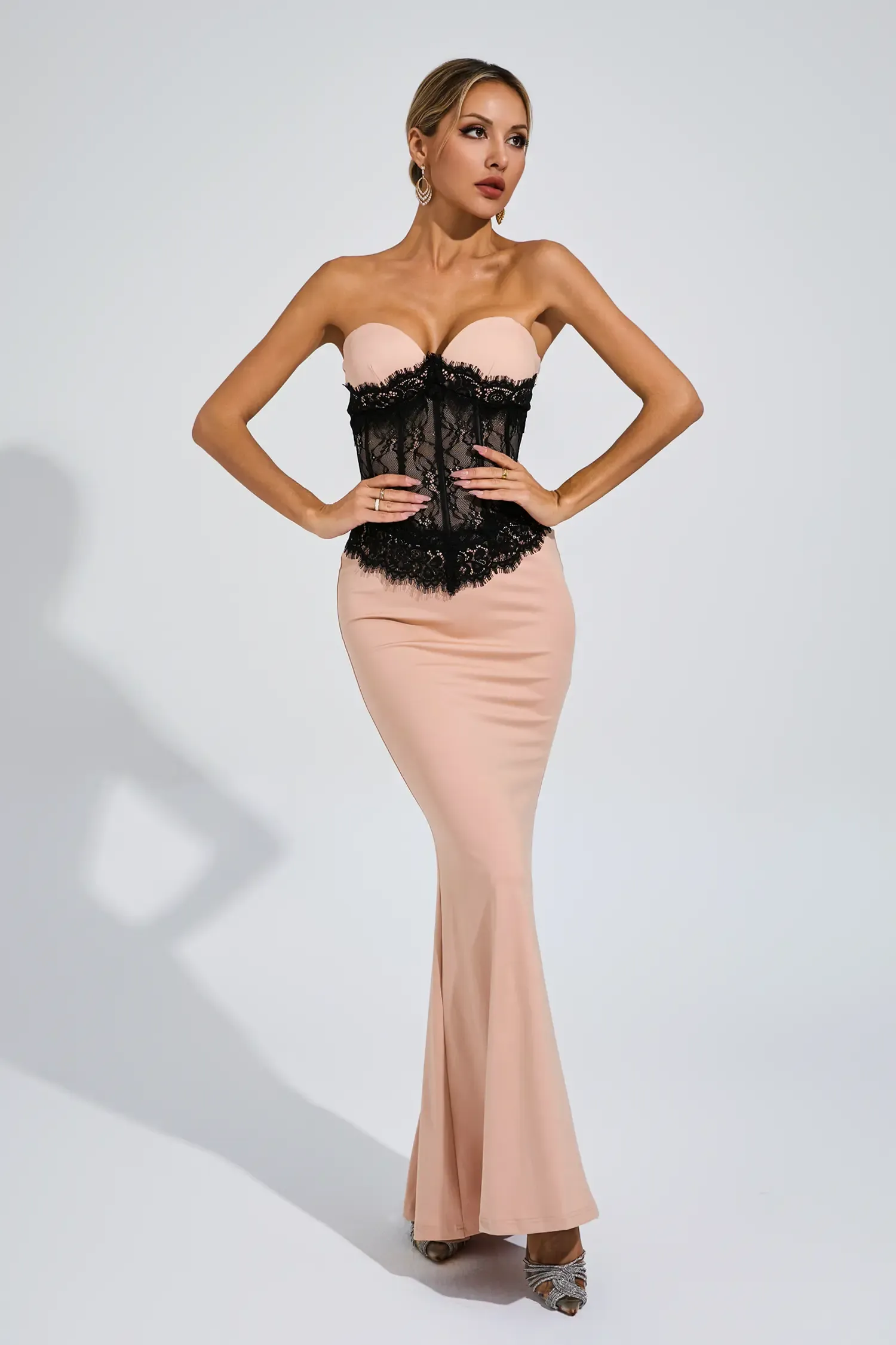 Satin Lace Strapless Maxi Dress