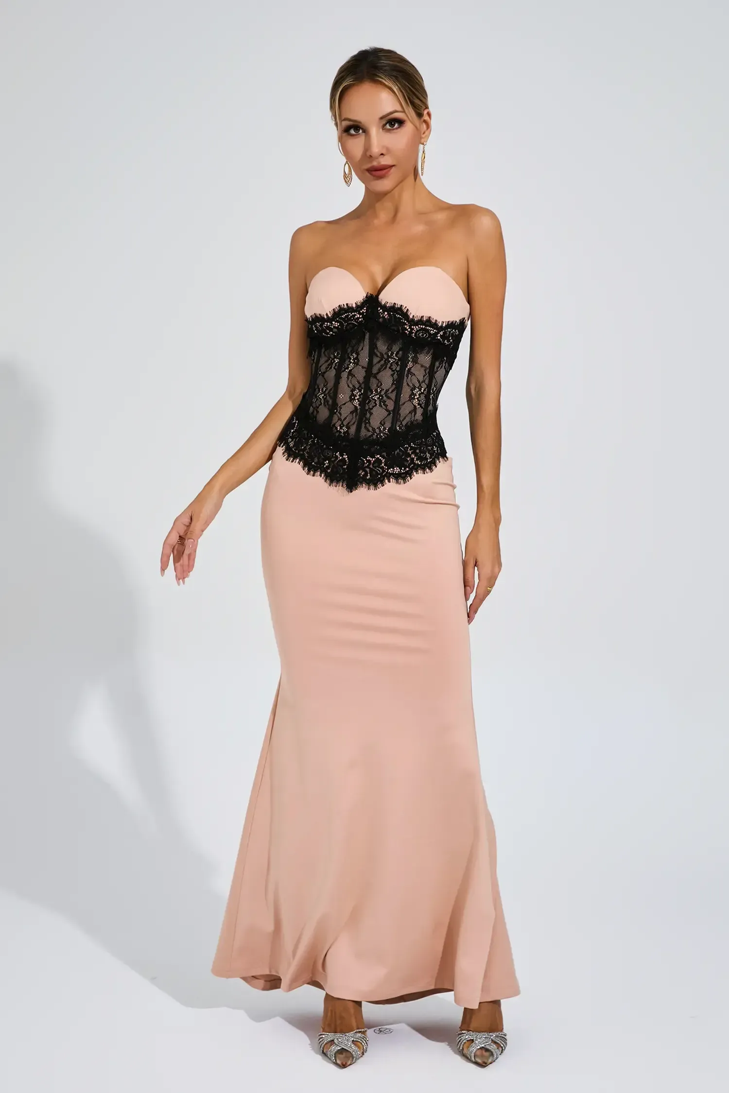 Satin Lace Strapless Maxi Dress
