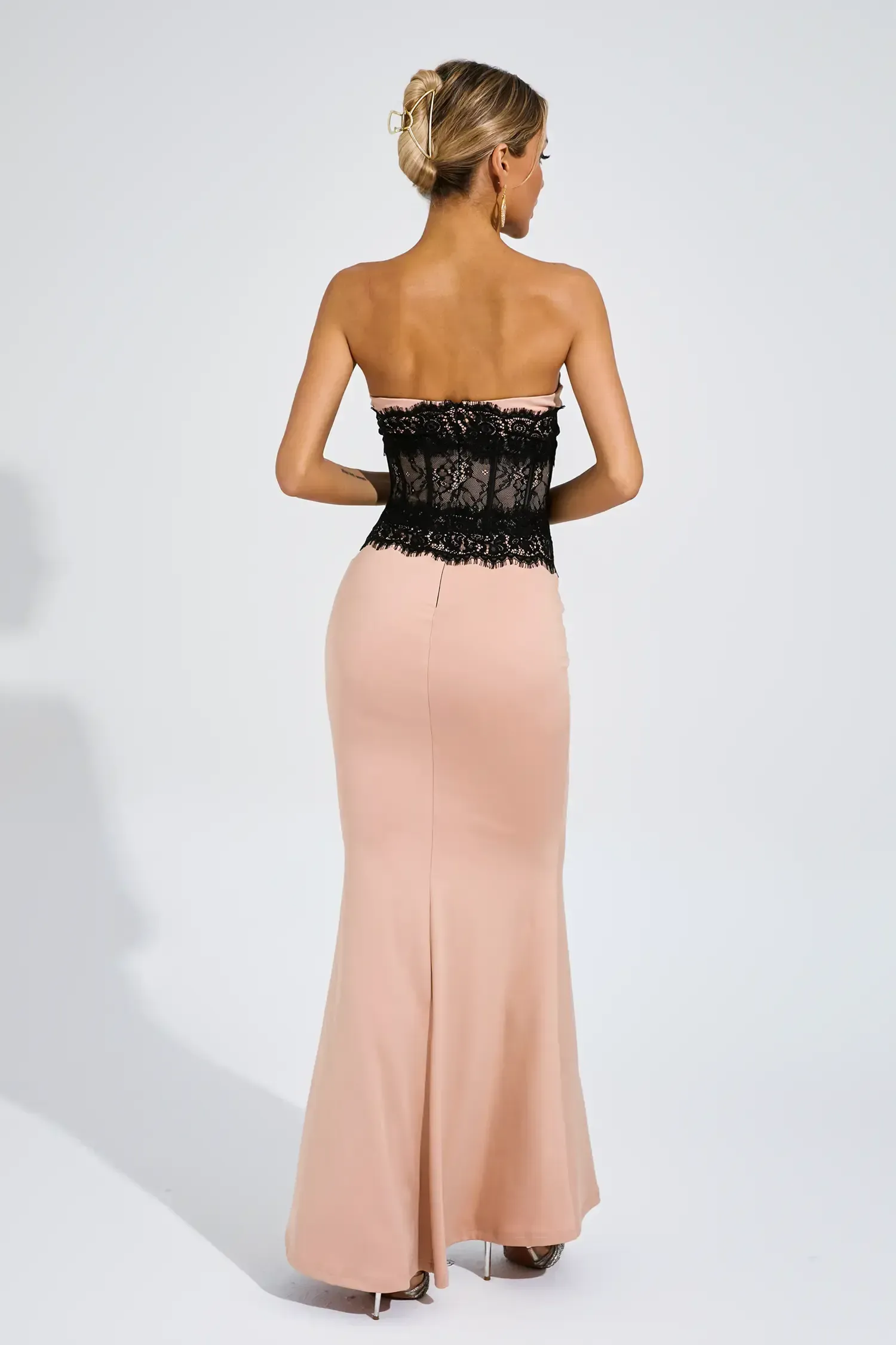 Satin Lace Strapless Maxi Dress