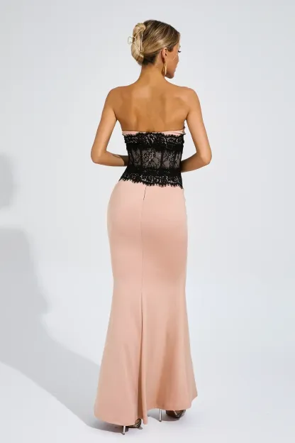 Satin Lace Strapless Maxi Dress