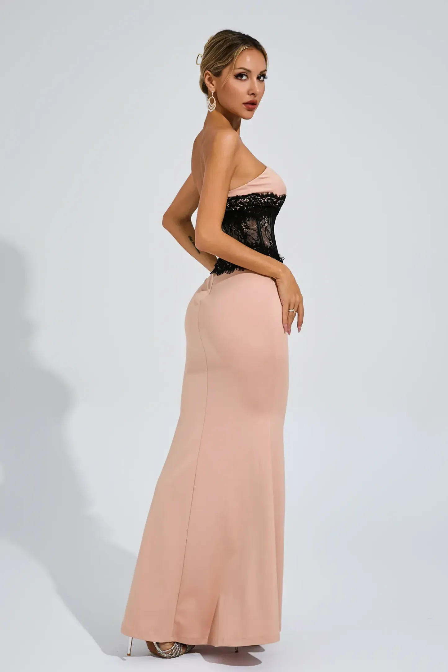 Satin Lace Strapless Maxi Dress