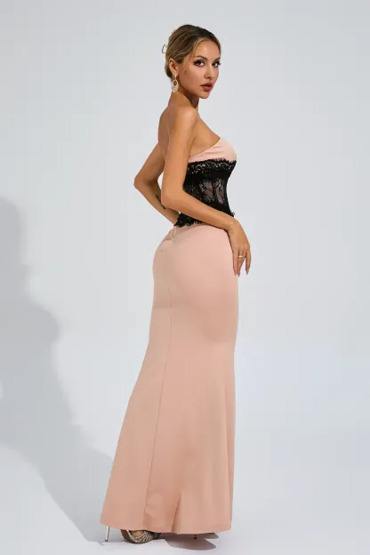 Satin Lace Strapless Maxi Dress