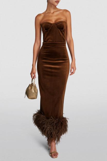 Velvet Off Shoulder Feather Trimmed Midi Dress