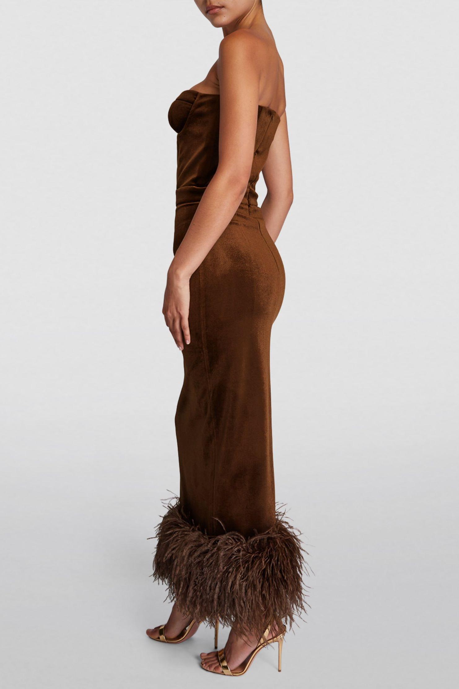 Velvet Off Shoulder Feather Trimmed Midi Dress