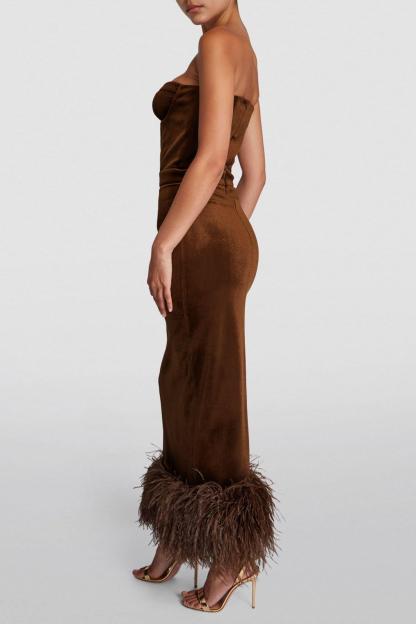 Velvet Off Shoulder Feather Trimmed Midi Dress