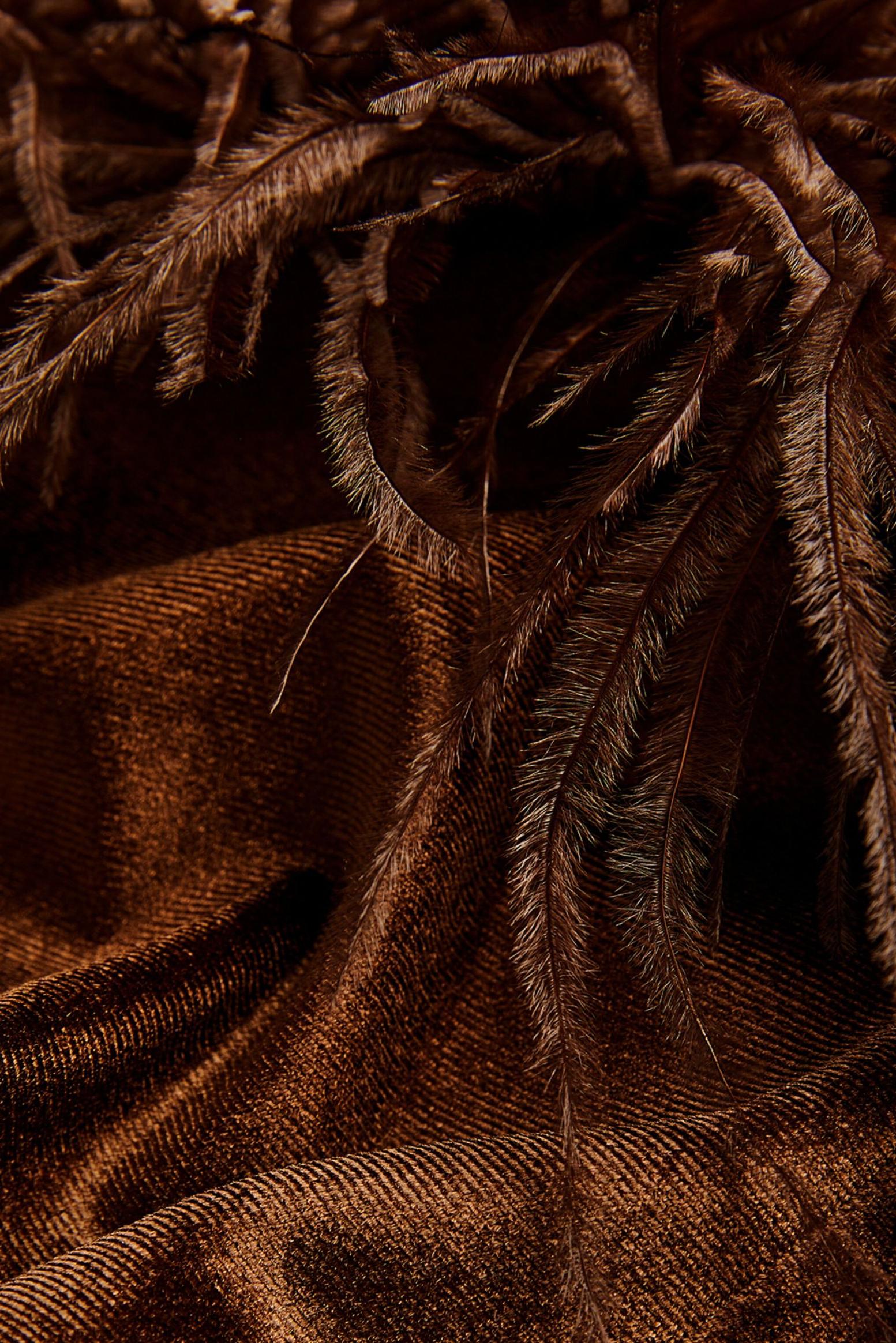 Velvet Off Shoulder Feather Trimmed Midi Dress