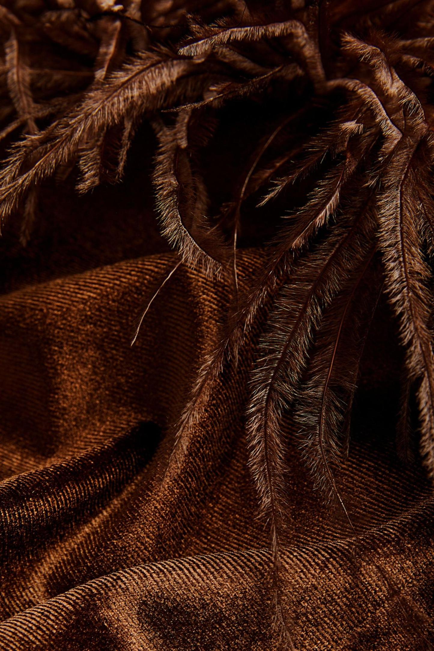Velvet Off Shoulder Feather Trimmed Midi Dress