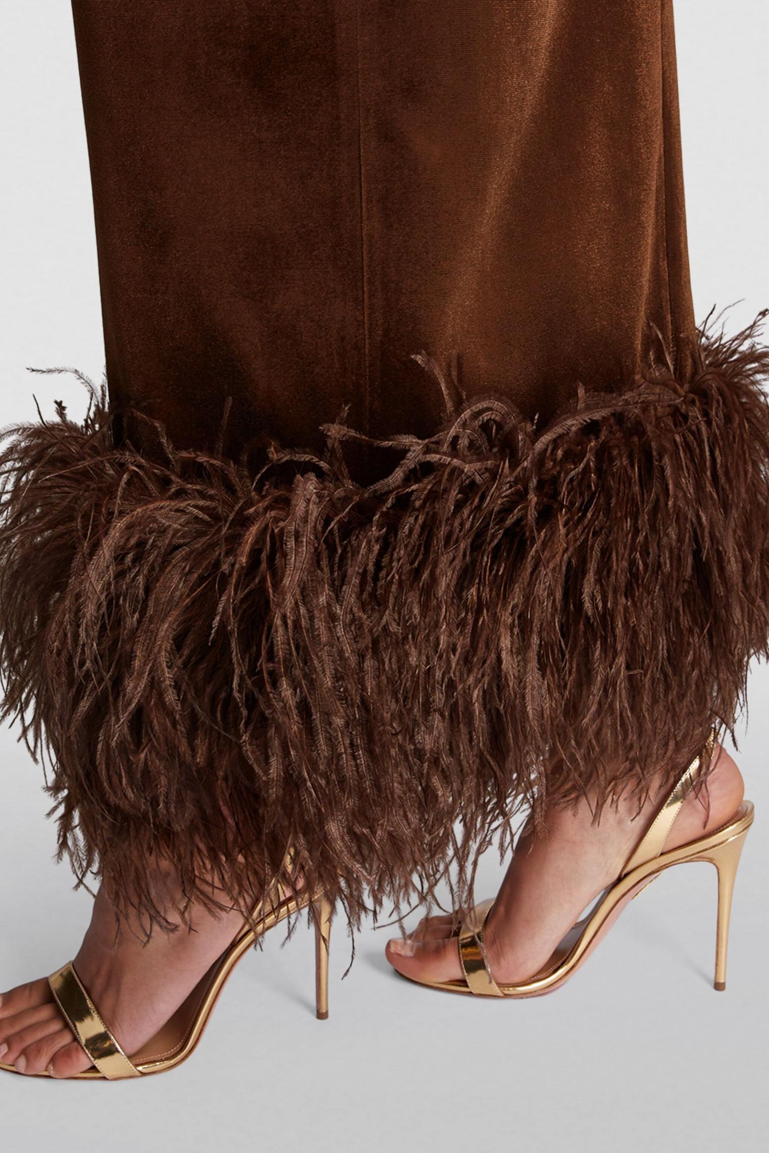 Velvet Off Shoulder Feather Trimmed Midi Dress