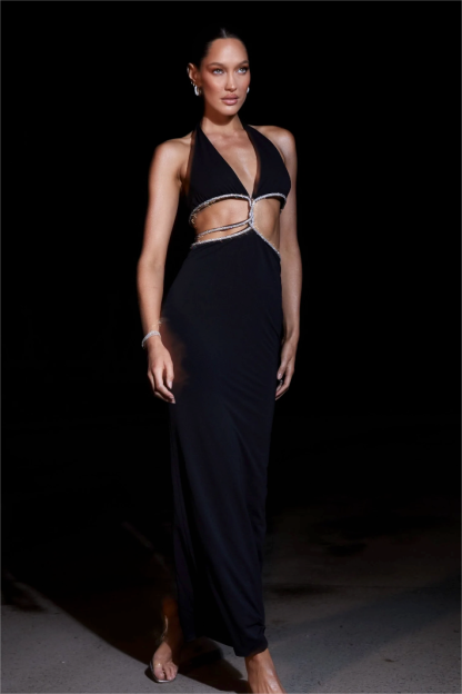 Bandage Rhinestone Trimmed Cut Out Midi Dress