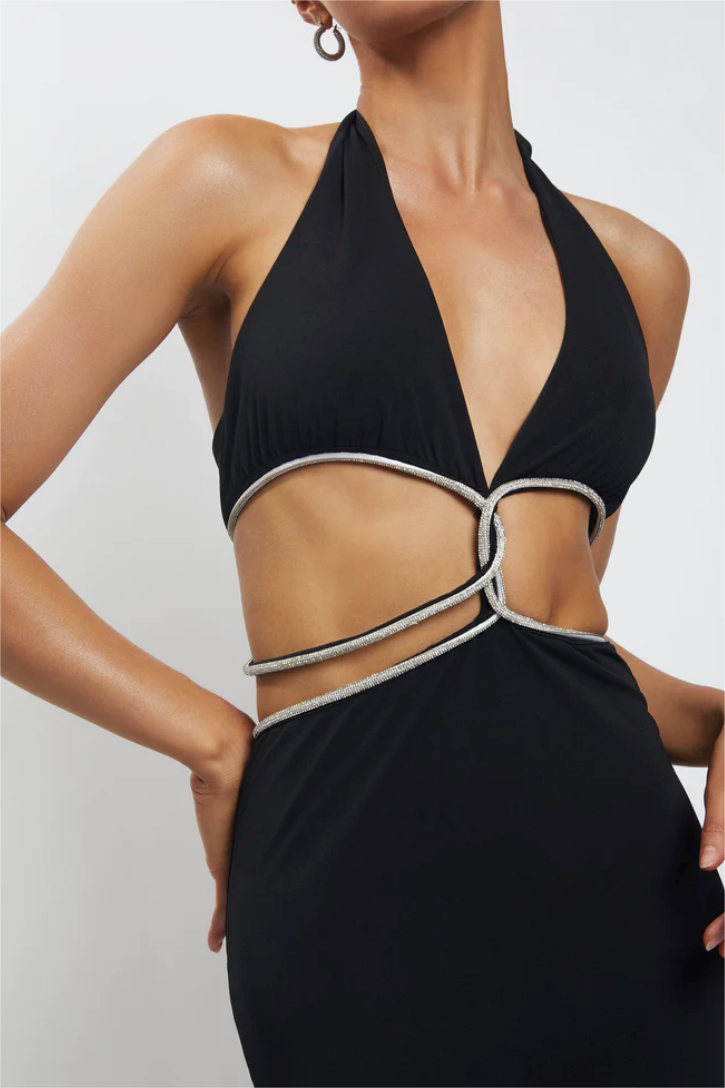 Bandage Rhinestone Trimmed Cut Out Midi Dress