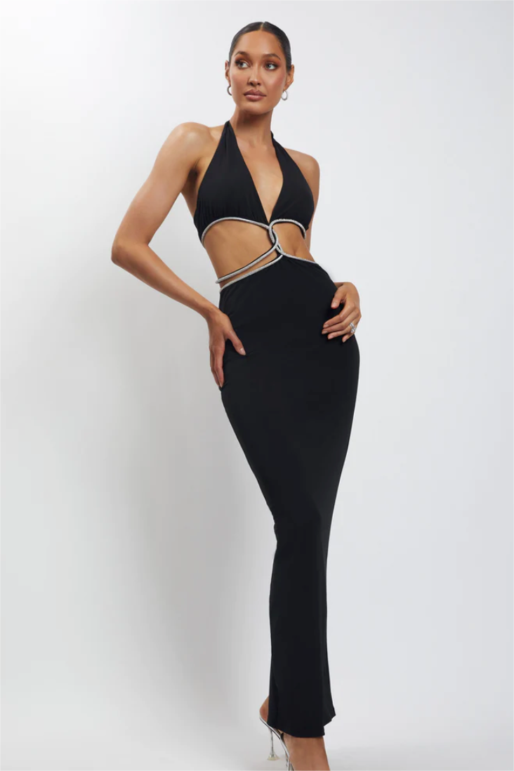 Bandage Rhinestone Trimmed Cut Out Midi Dress