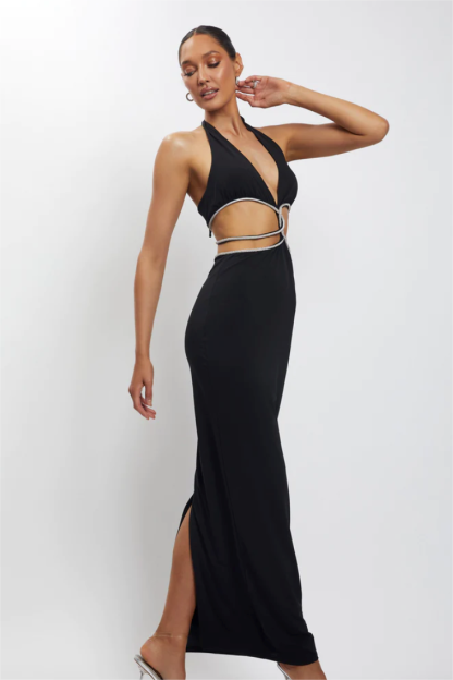 Bandage Rhinestone Trimmed Cut Out Midi Dress